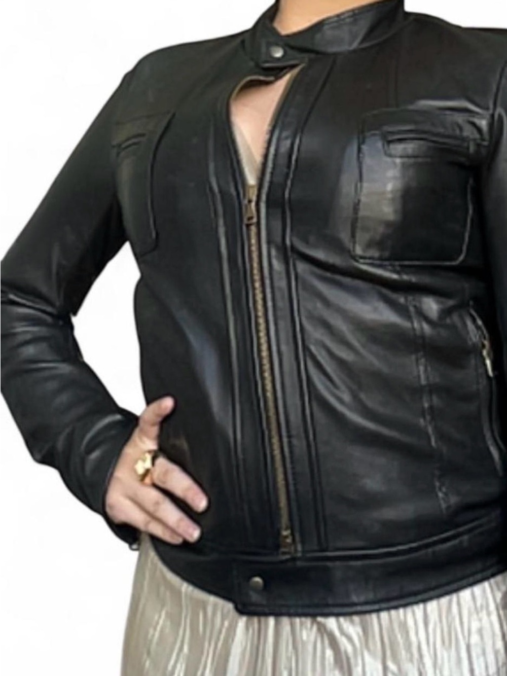 Vera Pelle Black Leather Zip-Front Bomber Jacket